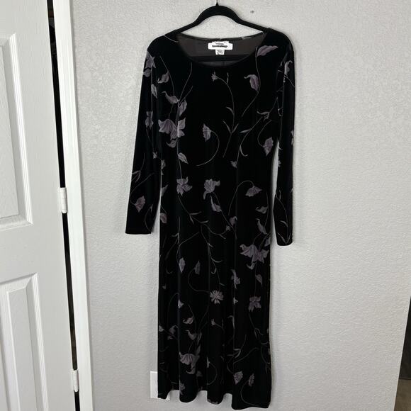 Vtg 90s Talbots Velvet Maxi Dress Floral Whimsigoth Dark Romantic Black USA Sz L - Picture 2 of 5